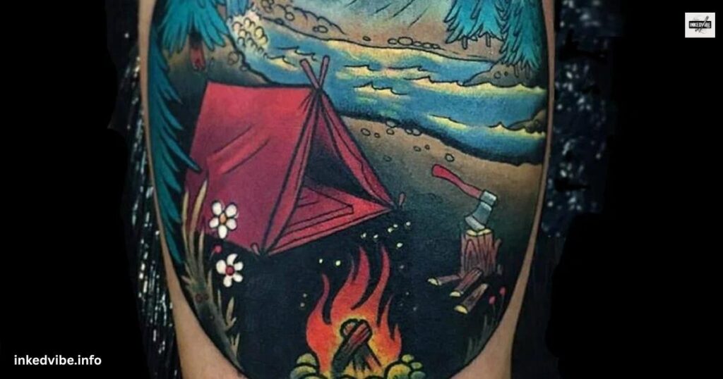Blending With The Borders: Mystical Camping Tattoo On Thigh