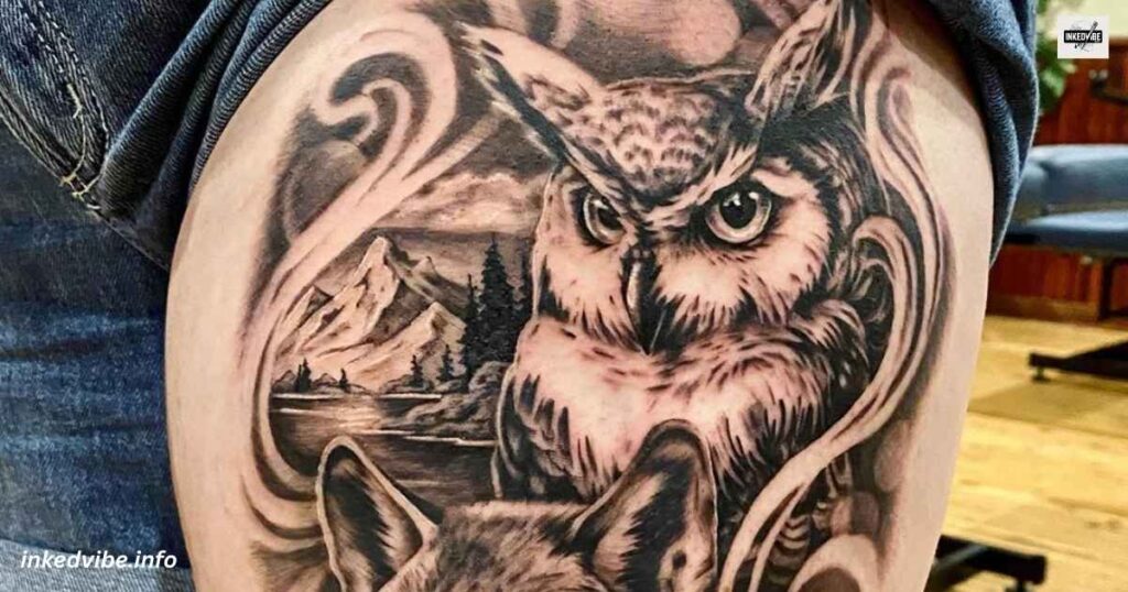 Owl And Wolf Tattoo: A High-contrast Affair
